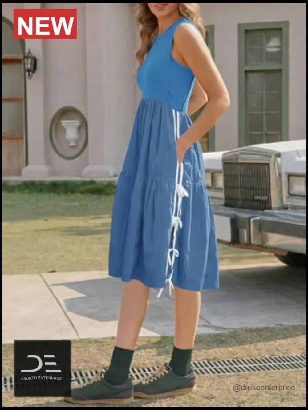 Sleeveless Midi Dress Summer Ribbed Knit Patchwork Self-Tie Bow Active Tank